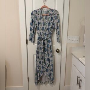 Wrap-Style Maxi Dress in Light Gray with Blue & Teal Print